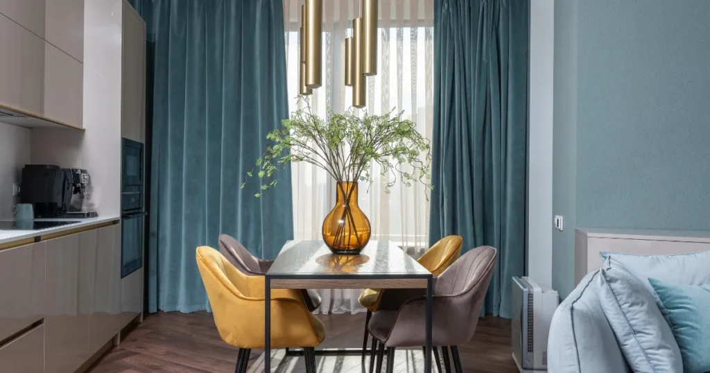 layered curtains with sofa, sofa, curtain. lamp. dining table, dining room