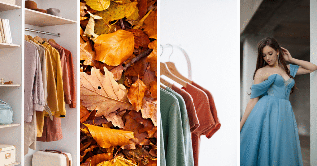 fallen leaves fall color palette, autumn colors, fall colors, women, leaves, closet, t-shirts, blue dress