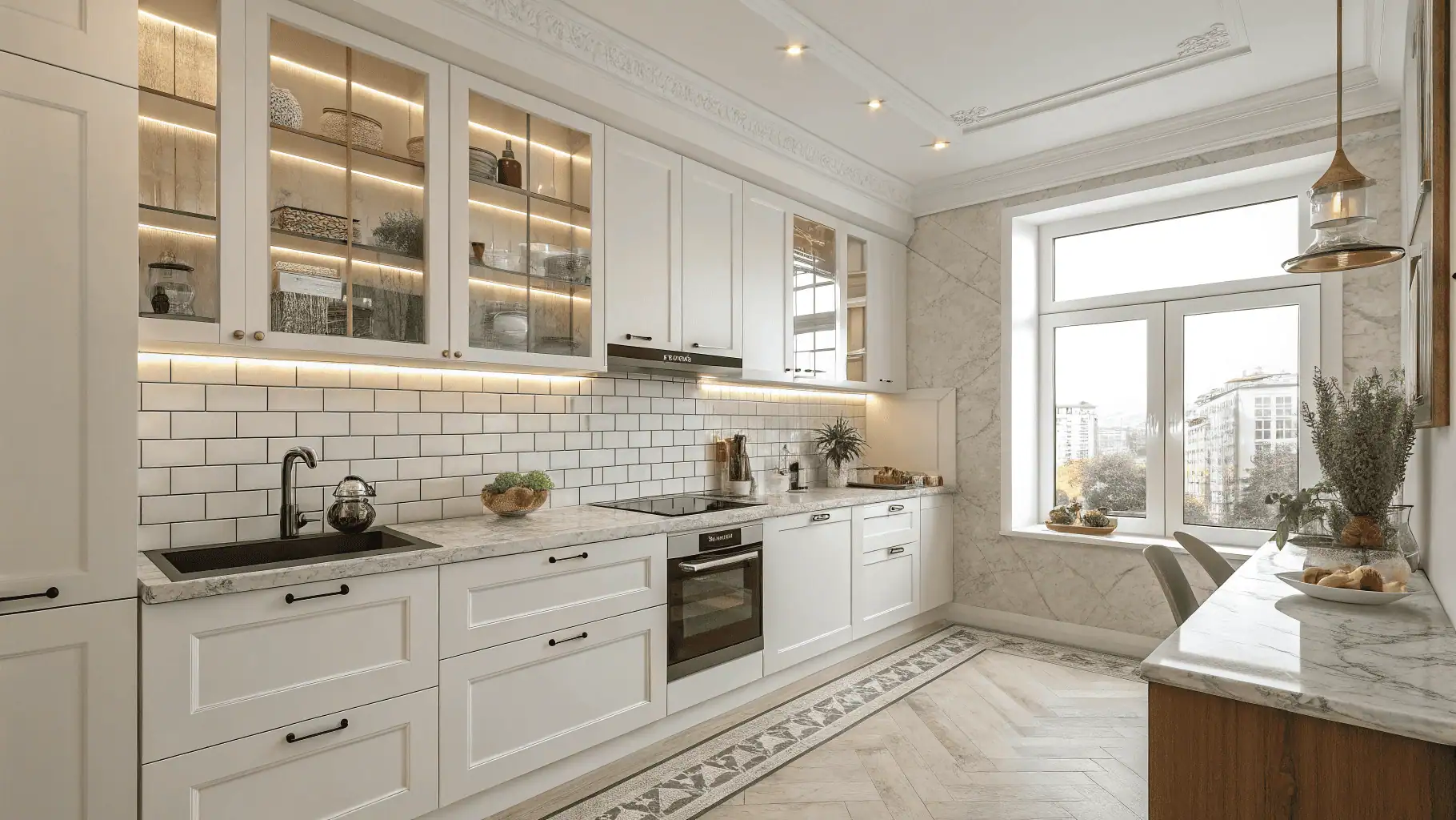 Modern small kitchen with white cabinets, glossy backsplash, open shelves, and bright lighting that makes the compact space look larger.