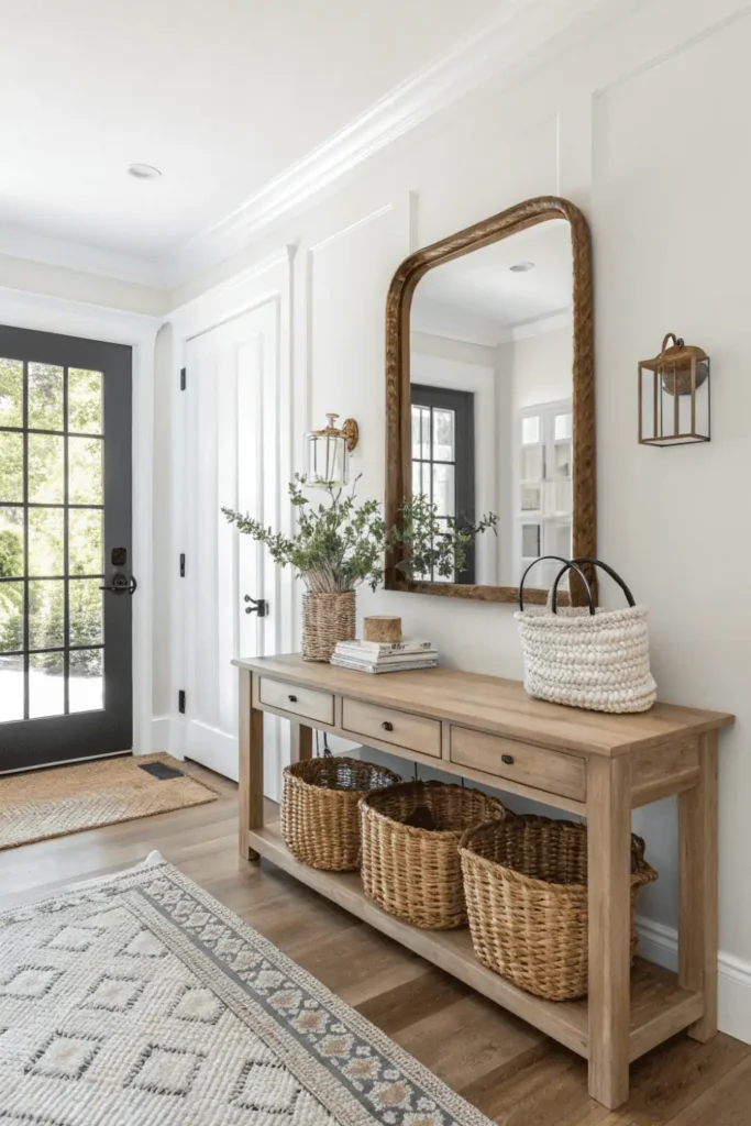 Entryway furniture featuring console table, bench, baskets, and mirror.