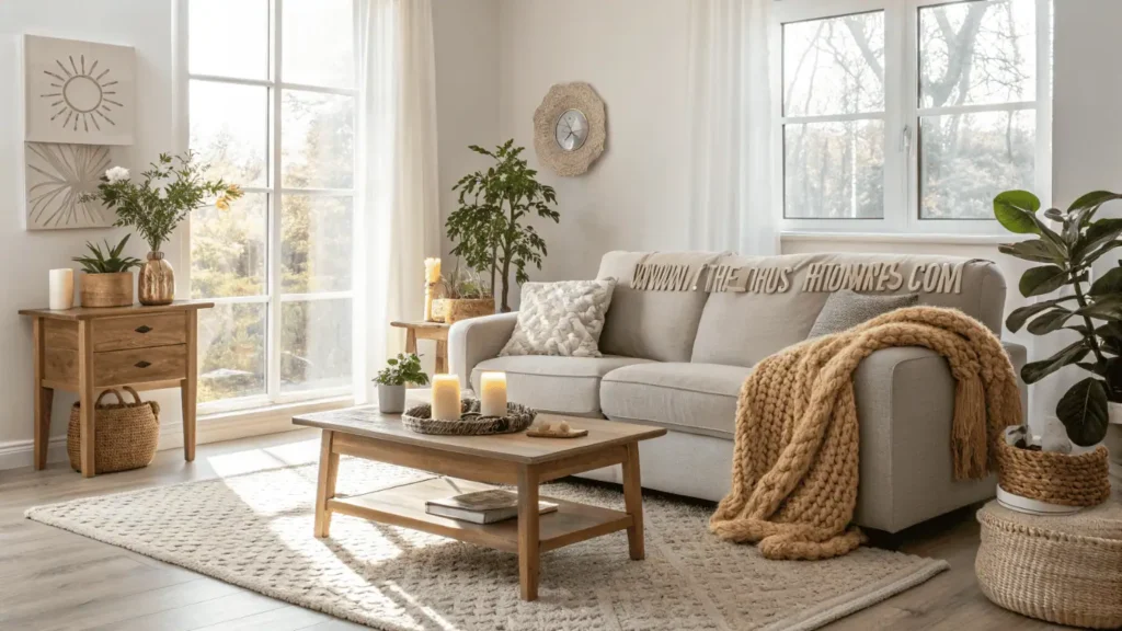 Modern bright living room with neutral colors, cozy textiles, plants, and natural lighting showing home decor ideas.