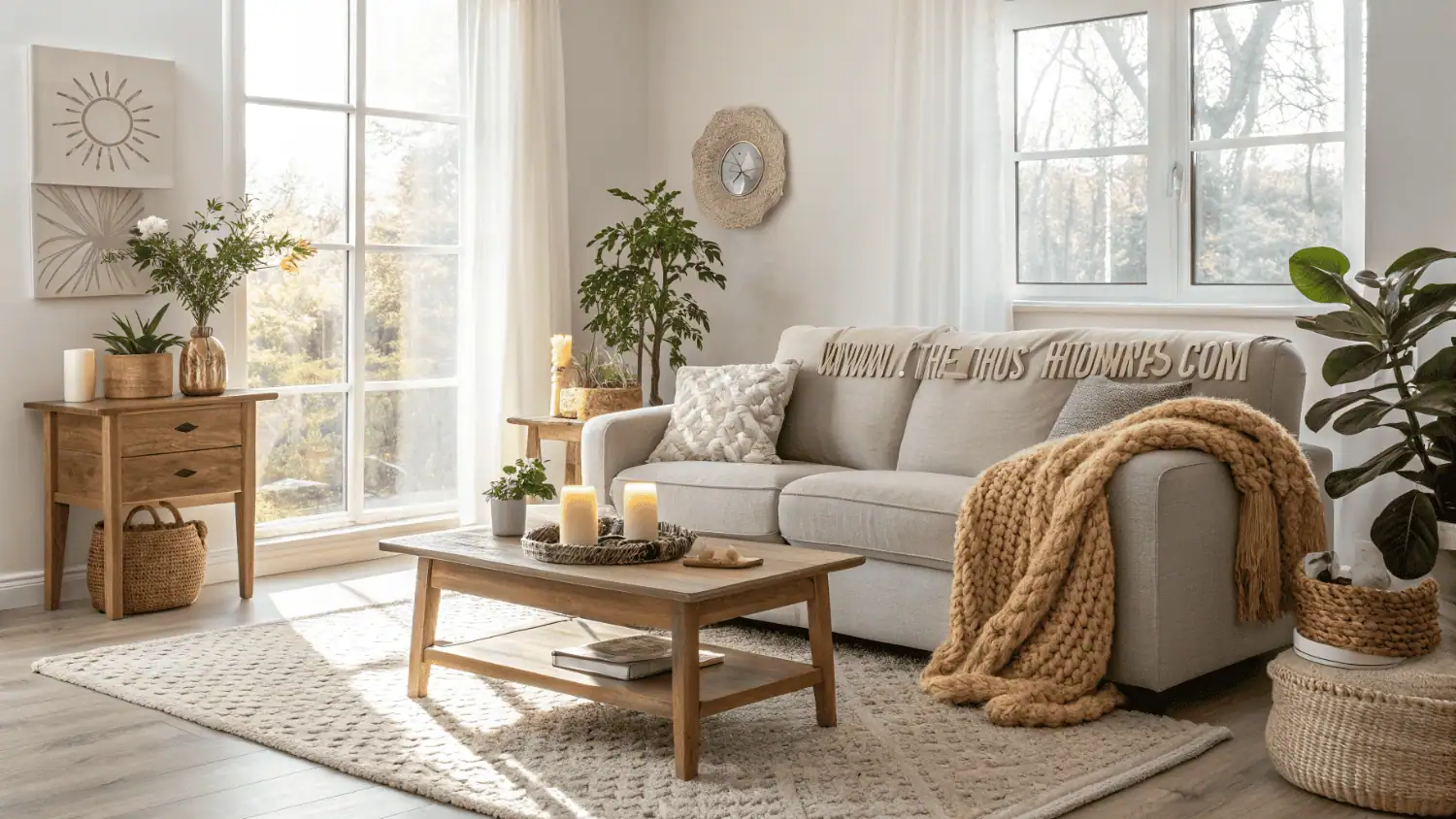 Modern bright living room with neutral colors, cozy textiles, plants, and natural lighting showing home decor ideas.