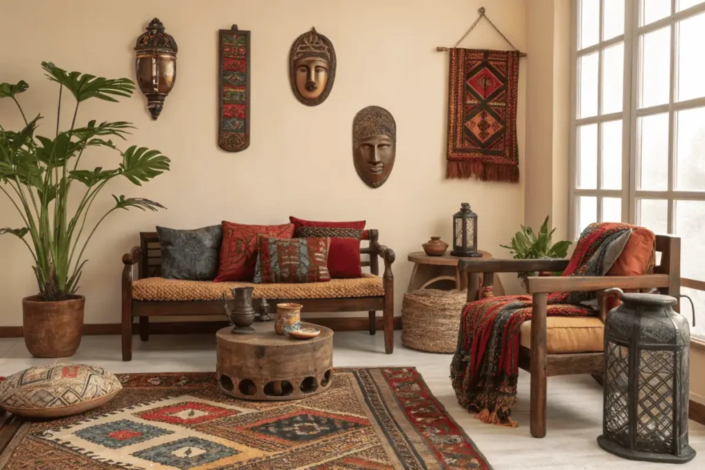 ethnic home decor, Living room decorated with global ethnic pieces including rugs, carved wood, tribal masks, lanterns, and woven textiles.