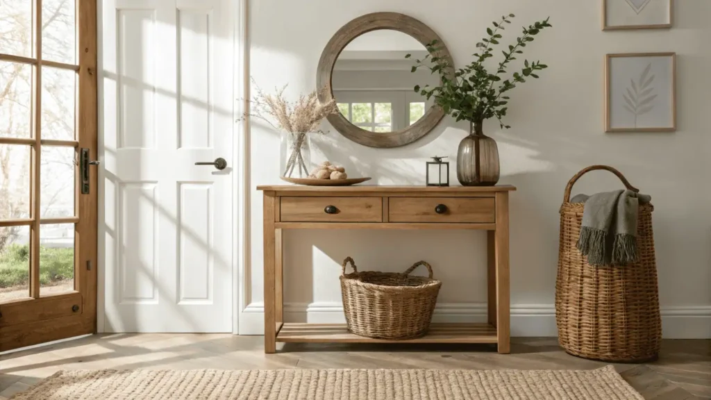 Warm home entrance with console table, mirror, plants, and soft natural light.