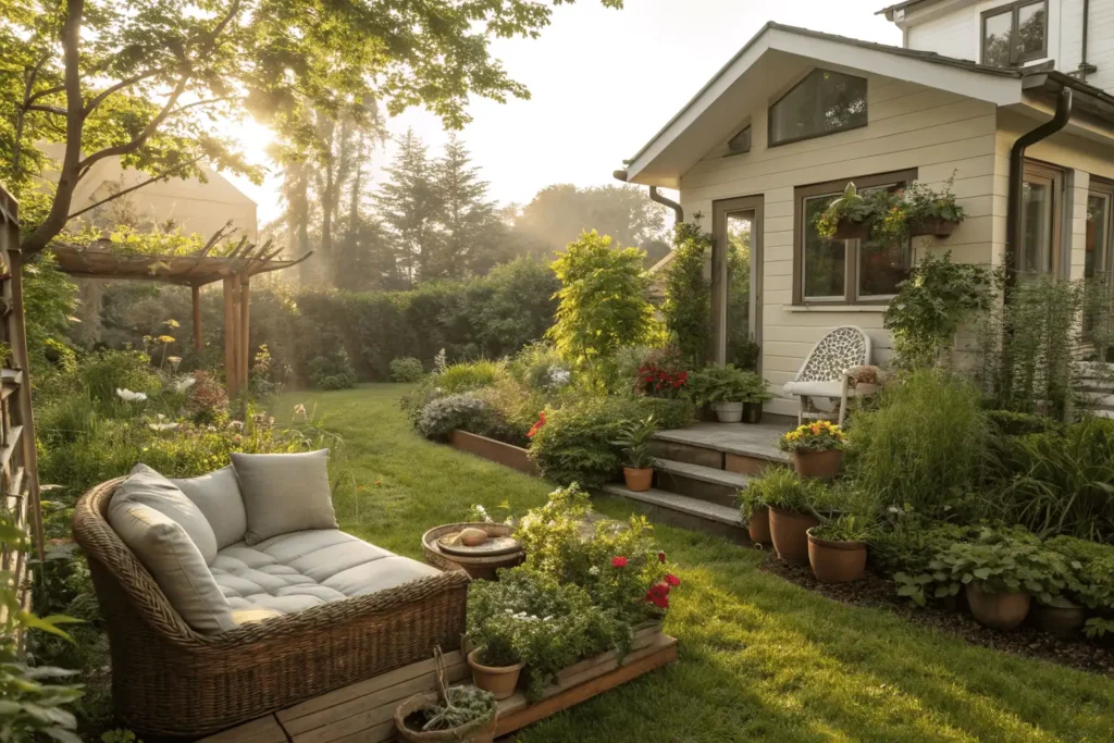 Cozy small home garden with pots, herbs, flowers, and a raised bed around a simple chair and table beside a modern house, sunlight creating a warm and inviting atmosphere