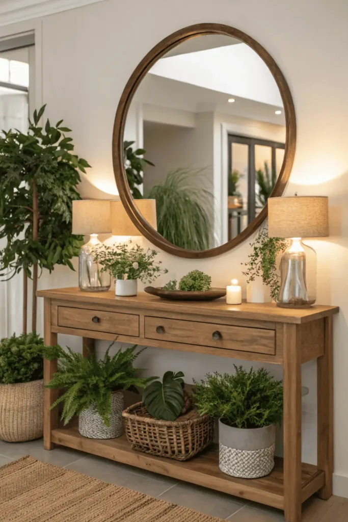 Entryway with round wall mirror and console table.