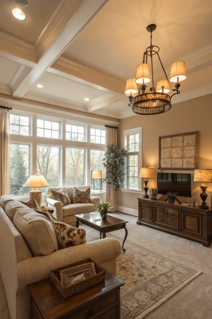 Living room with layered lighting that creates warmth.