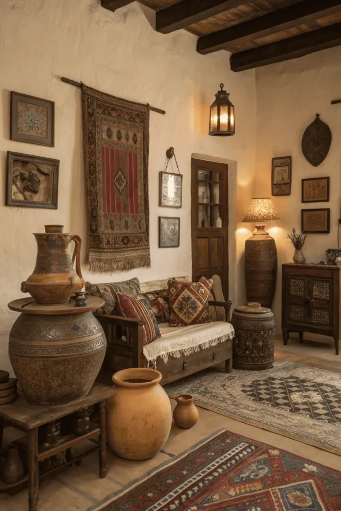 Timeless ethnic decor pieces displayed in a cozy home.