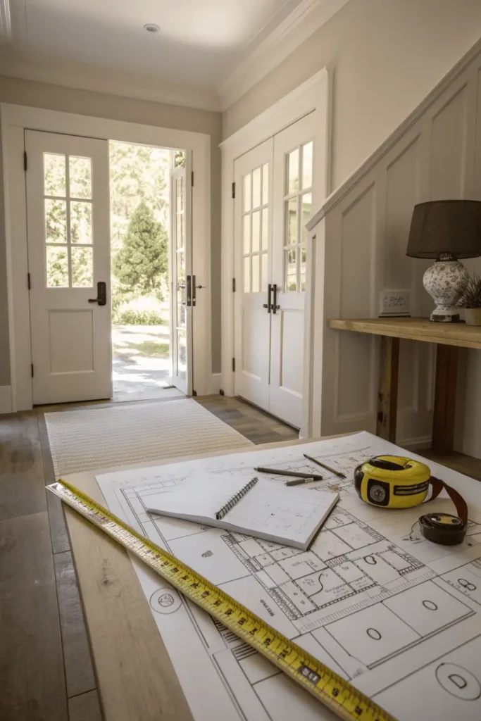 Planning home entrance decor with measurements and layout sketches.