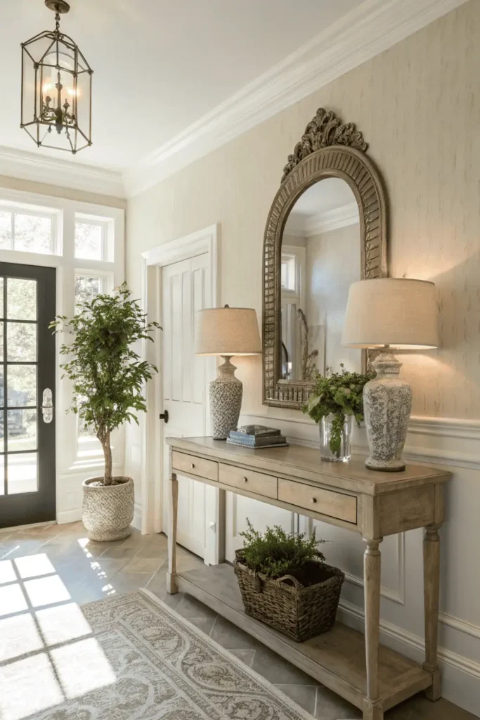 Modern entryway with console table, mirror, and plant.