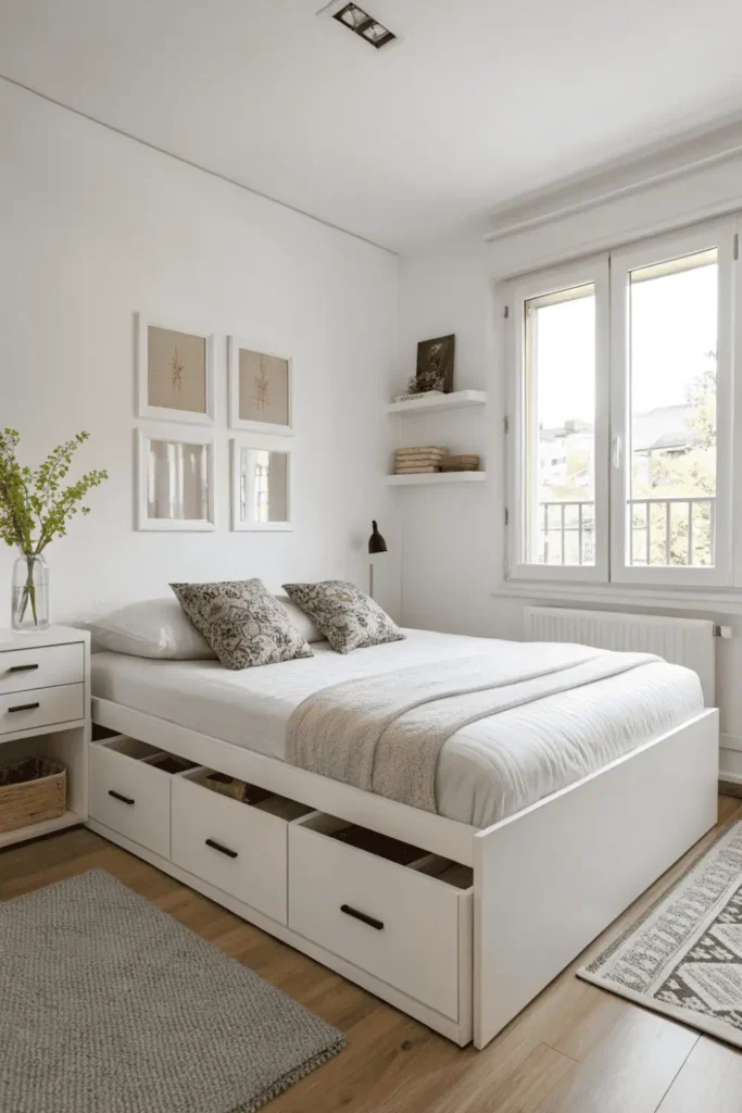 queen size bed in small room